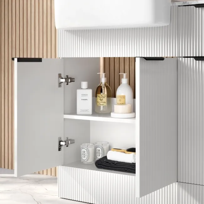 Sicily Fluted Coastal White Combination Vanity Basin with Marble Top 1500mm (Excludes Toilet) - Black Accents