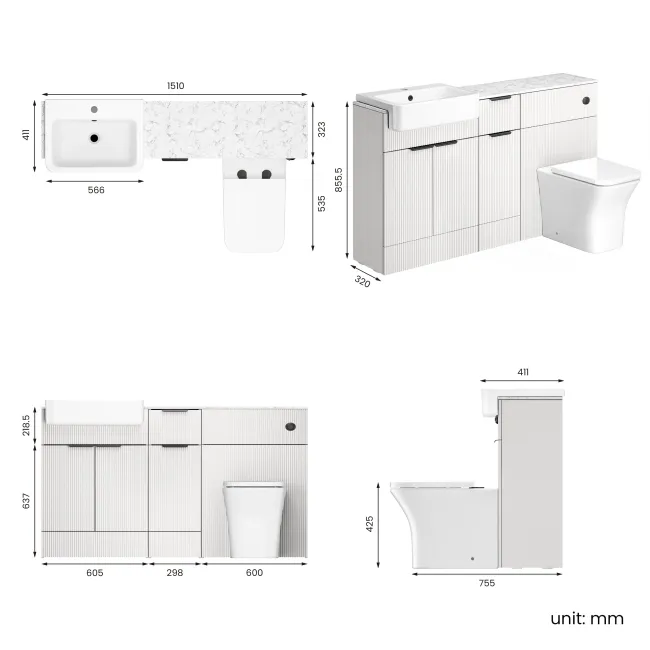 Sicily Fluted Coastal White Combination Vanity Basin with Marble Top & Houston Toilet 1500mm - Black Accents