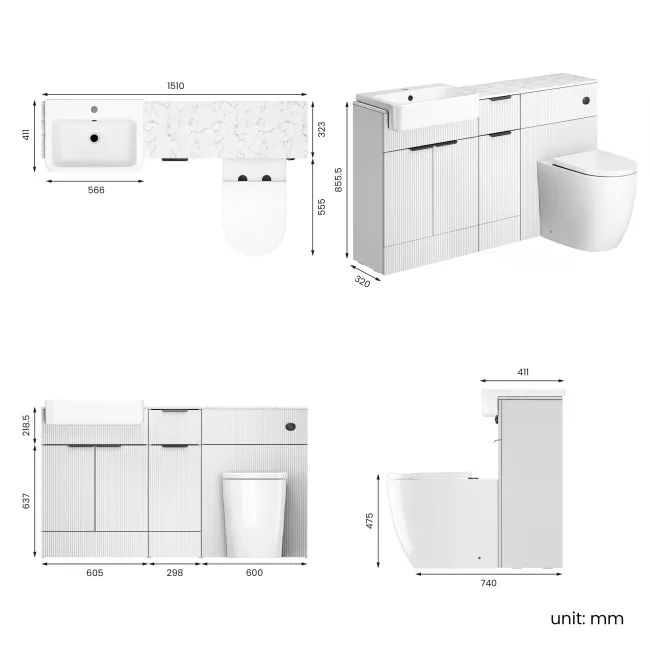 Sicily Fluted Coastal White Combination Vanity Basin with Marble Top & Utah Comfort Height Toilet 1500mm - Black Accents