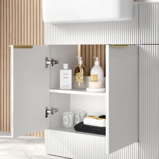 Sicily Fluted Coastal White Vanity with Semi Recessed Basin 600mm - Brushed Brass Accents