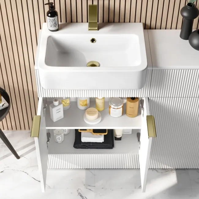 Sicily Fluted Coastal White Combination Vanity Basin and Miami Toilet 1200mm - Brushed Brass Accents