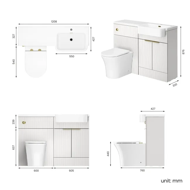 Sicily Fluted Coastal White Combination Vanity Basin and Tucson Toilet 1200mm - Brushed Brass Accents - Right Handed