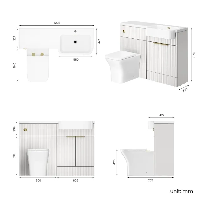 Sicily Fluted Coastal White Combination Vanity Basin and Houston Toilet 1200mm - Brushed Brass Accents - Right Handed