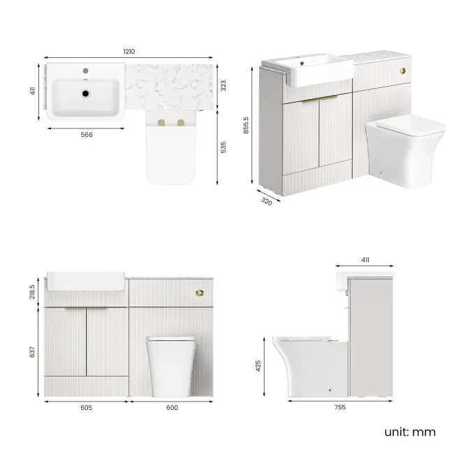 Sicily Fluted Coastal White Combination Vanity Basin with Marble Top & Houston Toilet 1200mm - Brushed Brass Accents