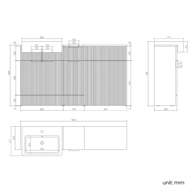 Sicily Fluted Coastal White Combination Vanity Basin 1500mm (Excludes Toilet) - Brushed Brass Accents