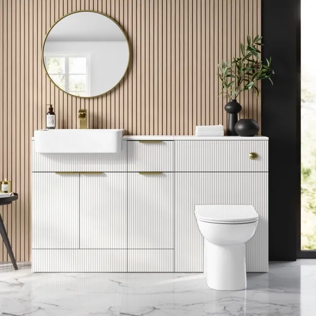 Sicily Fluted Coastal White Combination Vanity Basin and Aruba Toilet 1500mm - Brushed Brass Accents