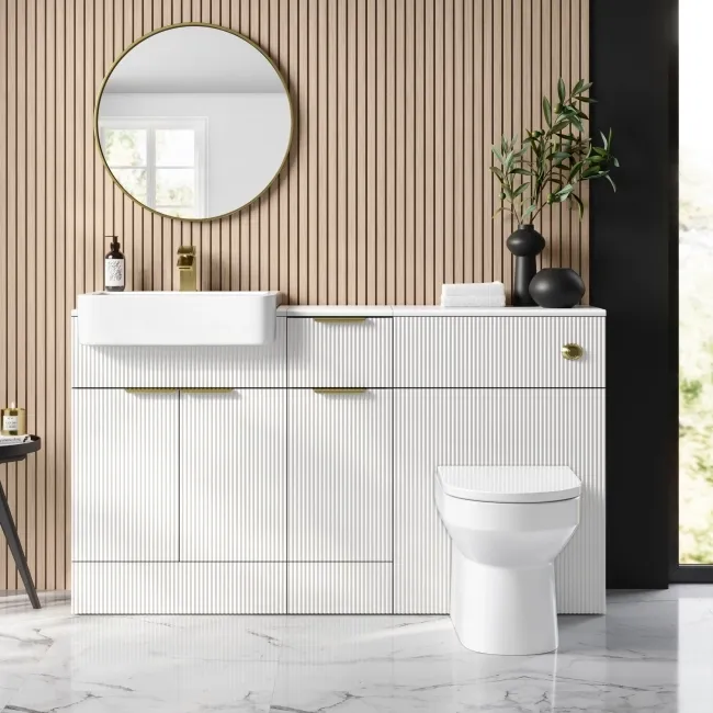 Sicily Fluted Coastal White Combination Vanity Basin and Miami Toilet 1500mm - Brushed Brass Accents