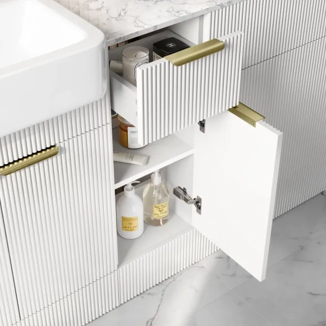 Sicily Fluted Coastal White Combination Vanity Basin with Marble Top & Tucson Toilet 1500mm - Brushed Brass Accents
