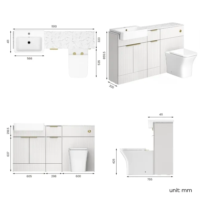 Sicily Fluted Coastal White Combination Vanity Basin with Marble Top & Houston Toilet 1500mm - Brushed Brass Accents