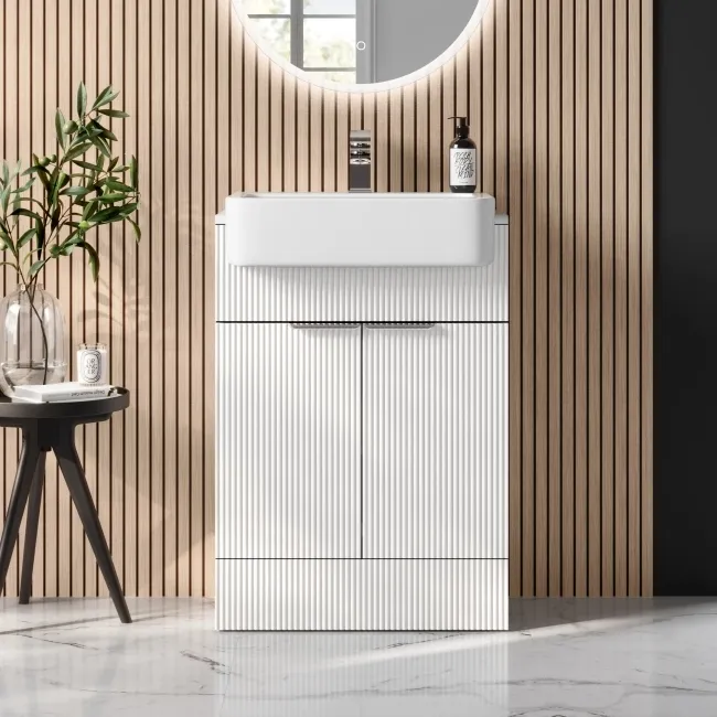 Sicily Fluted Coastal White Vanity with Semi Recessed Basin 600mm - Chrome Handles