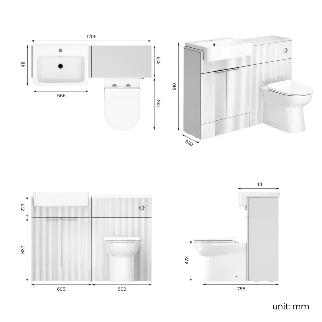 Sicily Fluted Coastal White Combination Vanity Basin and Aruba Toilet 1200mm - Chrome Handles