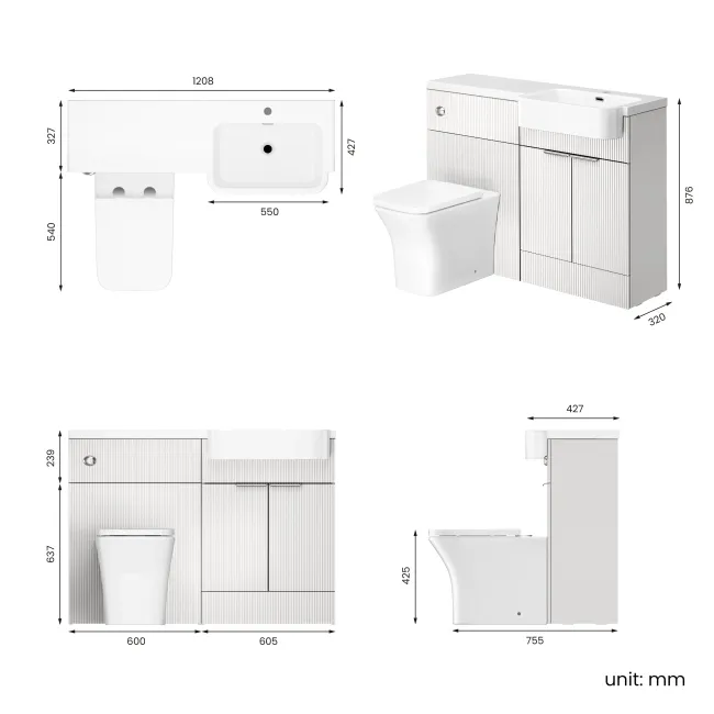 Sicily Fluted Coastal White Combination Vanity Basin and Houston Toilet 1200mm - Chrome Handles - Right Handed