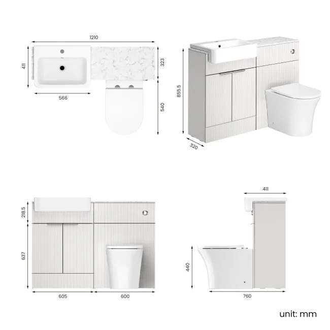 Sicily Fluted Coastal White Combination Vanity Basin with Marble Top & Tucson Toilet 1200mm - Chrome Handles