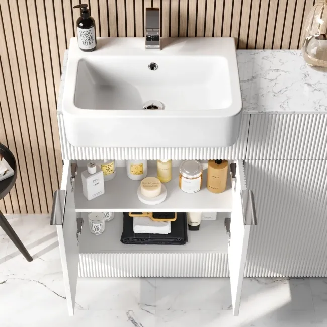 Sicily Fluted Coastal White Combination Vanity Basin with Marble Top & Houston Toilet 1200mm - Chrome Handles