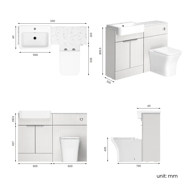 Sicily Fluted Coastal White Combination Vanity Basin with Marble Top & Houston Toilet 1200mm - Chrome Handles