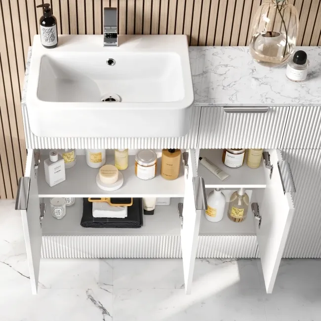 Sicily Fluted Coastal White Combination Vanity Basin with Marble Top & Houston Toilet 1500mm - Chrome Handles