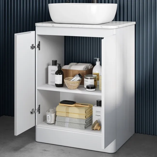 Corsica Gloss White Vanity with Marble Top & Curved Basin 600mm