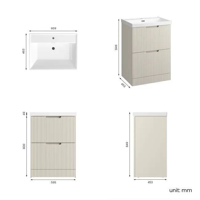 Crete Fluted Linen White Basin Vanity Drawer 600mm