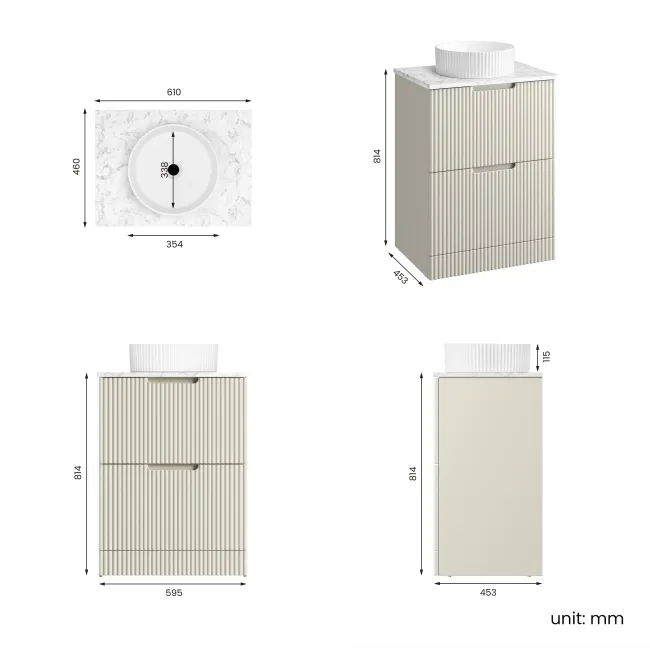 Crete Fluted Linen White Vanity Drawer with Marble Top & Nevis Basin 600mm