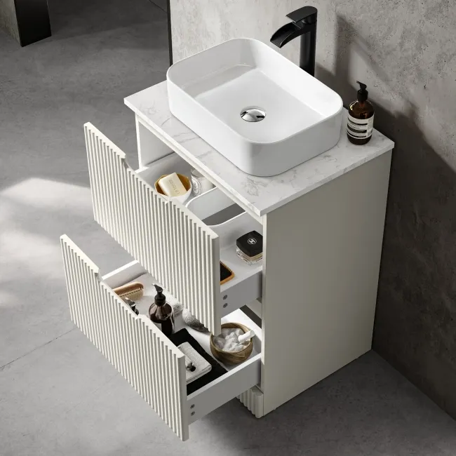 Crete Fluted Linen White Vanity Drawer with Marble Top & Marin Basin 600mm
