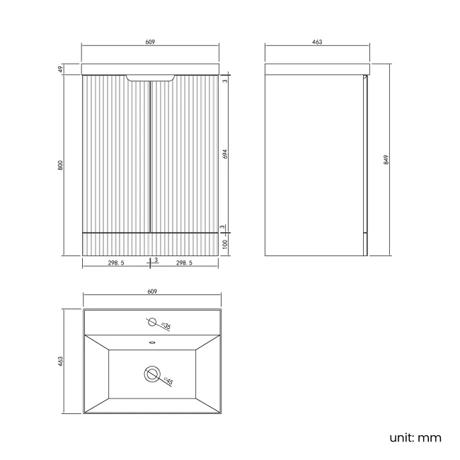 Crete Fluted Linen White Basin Vanity 600mm