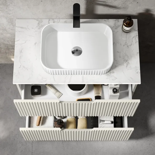 Crete Fluted Linen White Vanity Drawer with Marble Top & Reno Basin 800mm