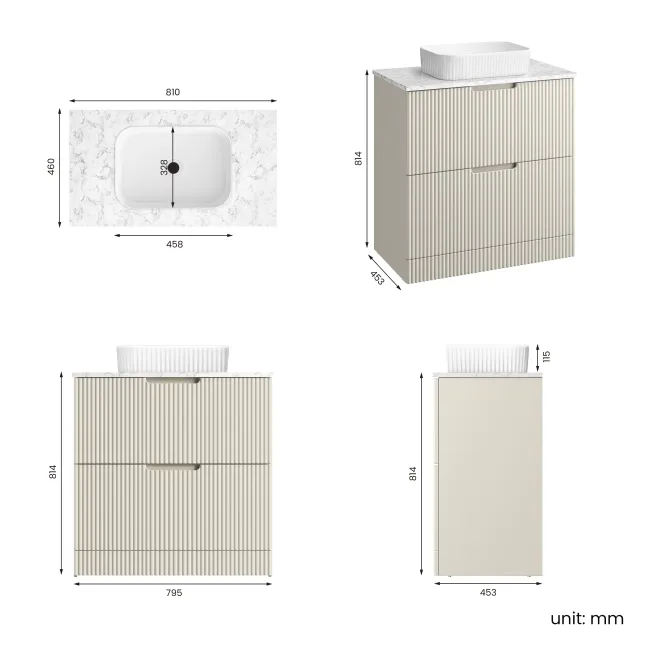 Crete Fluted Linen White Vanity Drawer with Marble Top & Reno Basin 800mm