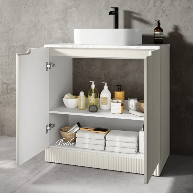 Crete Fluted Linen White Vanity with Marble Top & Marin Basin 800mm