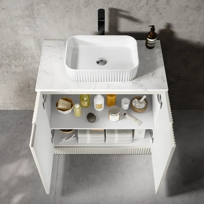 Crete Fluted Linen White Vanity with Marble Top & Reno Basin 800mm