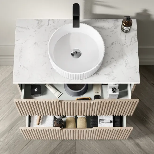 Crete Fluted Apex Oak Vanity Drawer with Marble Top & Nevis Basin 800mm