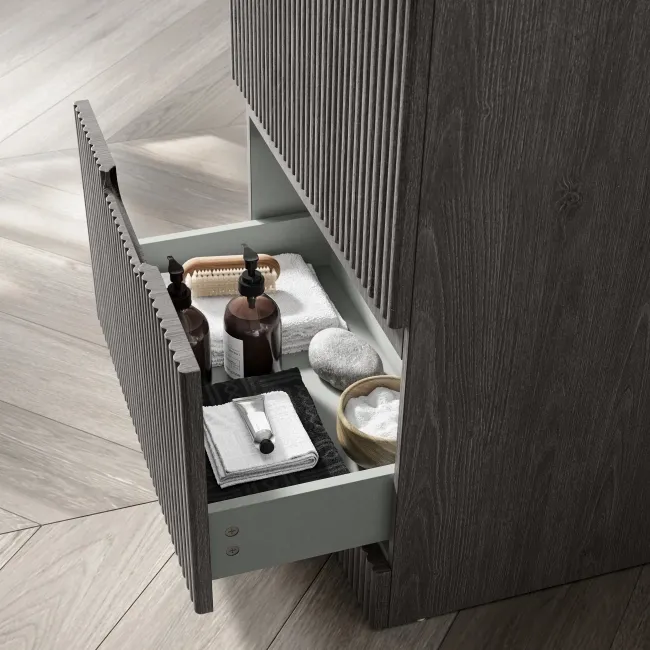 Crete Fluted Charcoal Elm Vanity Drawer with Marble Top & Nevis Basin 600mm