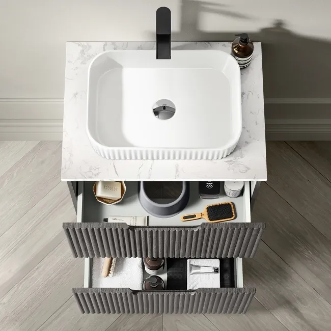 Crete Fluted Charcoal Elm Vanity Drawer with Marble Top & Reno Basin 600mm