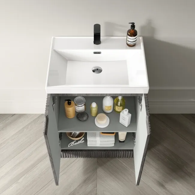 Crete Fluted Charcoal Elm Basin Vanity 600mm