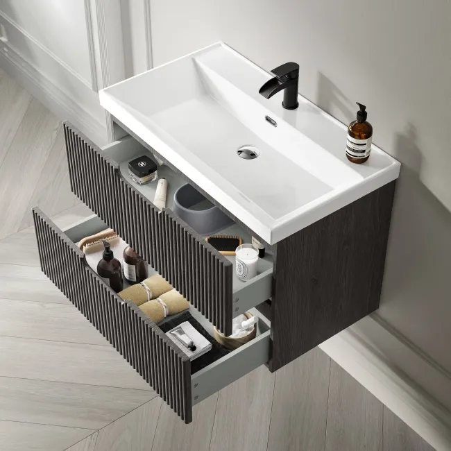 Crete Fluted Charcoal Elm Wall Hung Basin Drawer Vanity 800mm