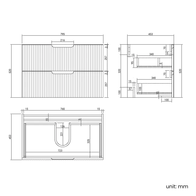 Crete Fluted Charcoal Elm Wall Hung Drawer Vanity with Marble Top & Nevis Basin 800mm