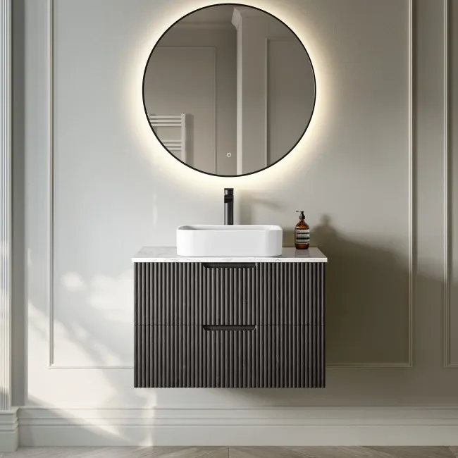 Crete Fluted Charcoal Elm Wall Hung Drawer Vanity with Marble Top & Marin Basin 800mm