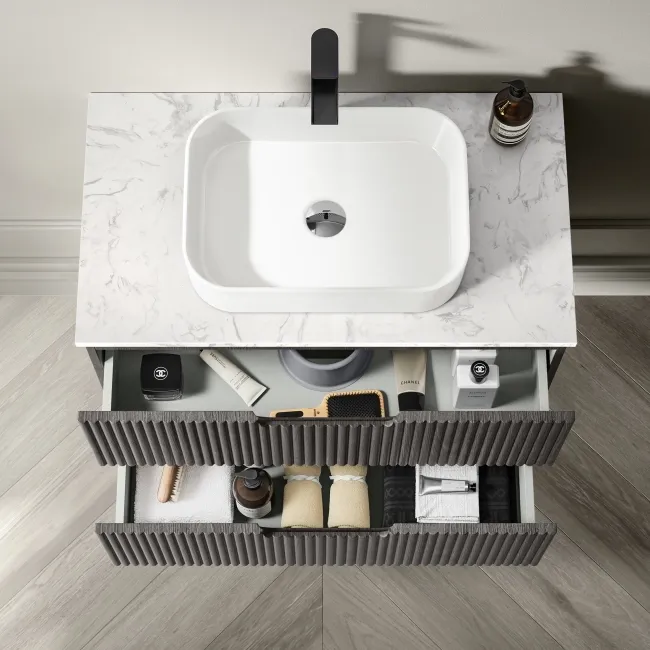 Crete Fluted Charcoal Elm Wall Hung Drawer Vanity with Marble Top & Marin Basin 800mm