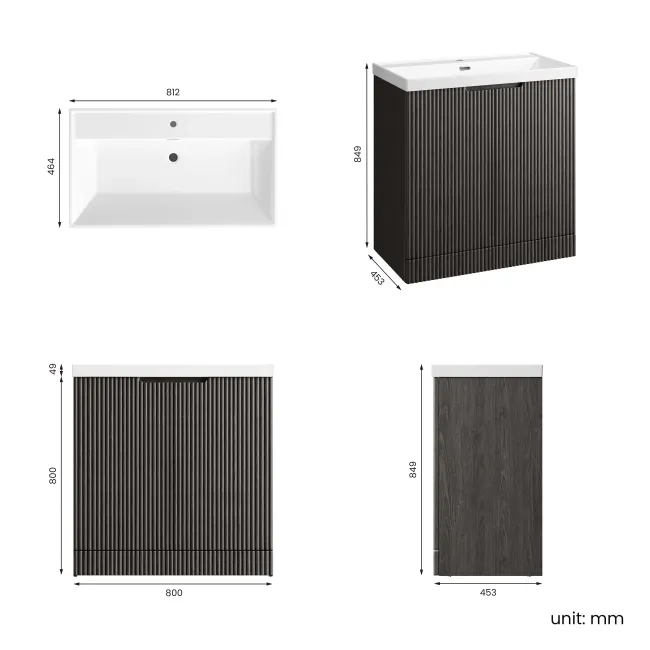 Crete Fluted Charcoal Elm Basin Vanity 800mm