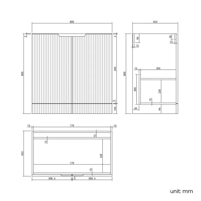 Crete Fluted Charcoal Elm Vanity with Marble Top & Nevis Basin 800mm