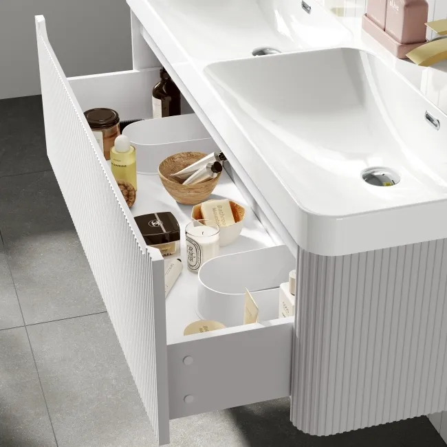 Sorrento Fluted Coastal White Wall Hung Double Basin Drawer Vanity 1200mm