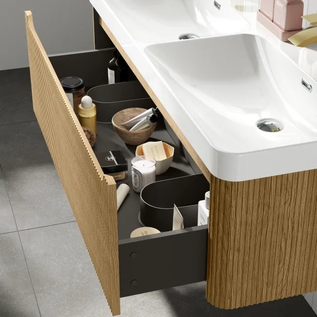 Sorrento Fluted Country Oak Wall Hung Double Basin Drawer Vanity 1200mm