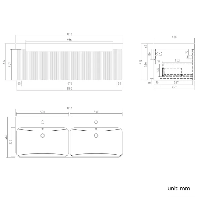Sorrento Fluted Black Walnut Wall Hung Double Basin Drawer Vanity 1200mm