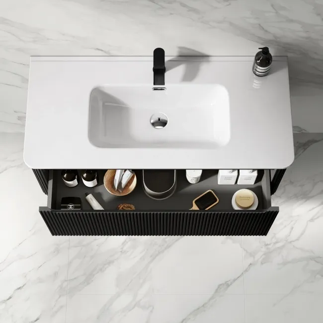 Sorrento Fluted Matt Black Wall Hung Basin Drawer Vanity 1000mm