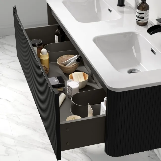 Sorrento Fluted Matt Black Wall Hung Double Basin Drawer Vanity 1200mm