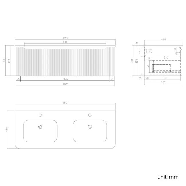 Sorrento Fluted Matt Black Wall Hung Double Basin Drawer Vanity 1200mm