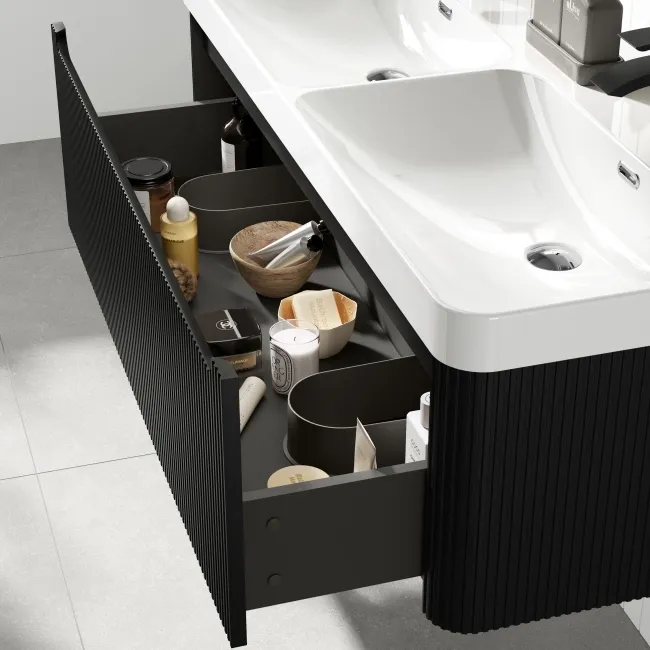 Sorrento Fluted Matt Black Wall Hung Double Basin Drawer Vanity 1200mm