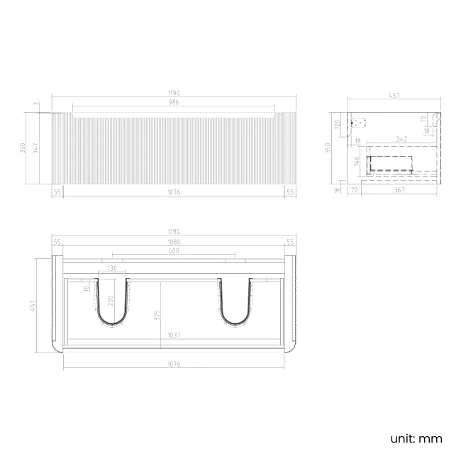 Sorrento Fluted Matt Black Wall Hung Double Basin Drawer Vanity 1200mm