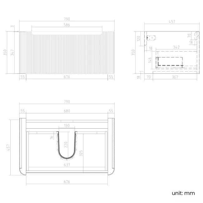 Sorrento Fluted Matt Black Wall Hung Drawer Vanity with Black Basin 800mm