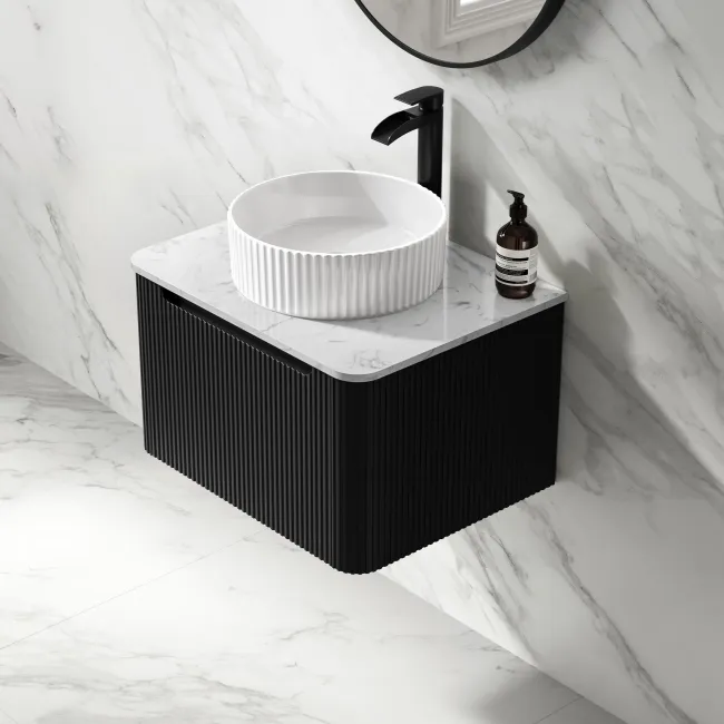 Sorrento Fluted Matt Black Wall Hung Drawer Vanity with Marble Top & Nevis Basin 600mm