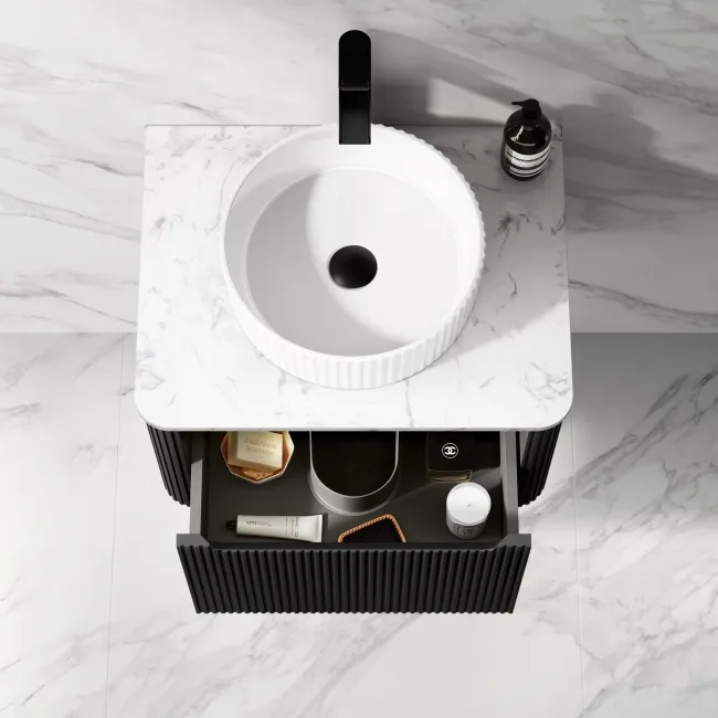 Sorrento Fluted Matt Black Wall Hung Drawer Vanity with Marble Top & Nevis Basin 600mm